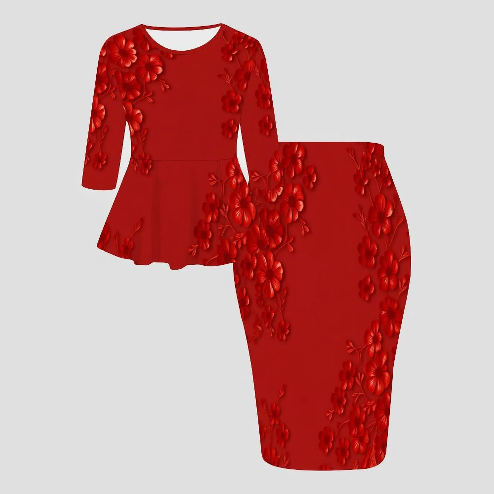 Retro Elegant Printed Party Two-piece Set Autumn and Winter Crew Neck Three-quarter Sleeve  Ladies Tight-fittingknee-lengthskirt