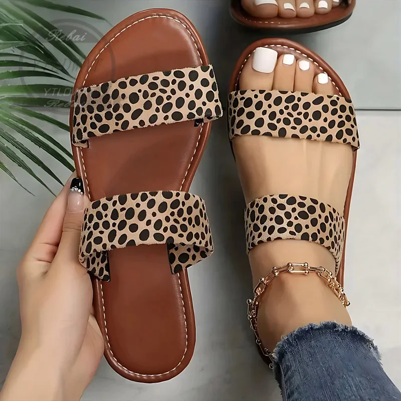 Women's Leopard Print Slide Sandals, Trendy Double Strap Flat Outdoor Shoes, Lightweight Slip On Beach Shoes SIZE 36-43