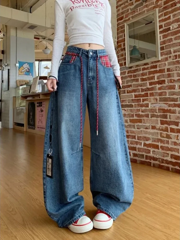 American Vintage Wide Leg Jeans Women Plaid Patchwork Waist Rope Scimitar Denim Pants Autumn Y2K Hottie Loose High Waist Trouser