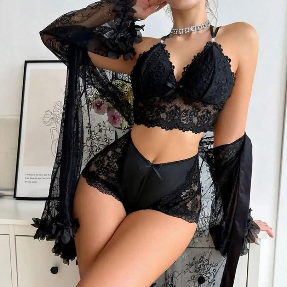 Sexy See Through Mesh Sleepwear Set, Women Lace Kimono Robe with Bra & Panty, Three Piece Sheer Mesh Nightgown for Ladies