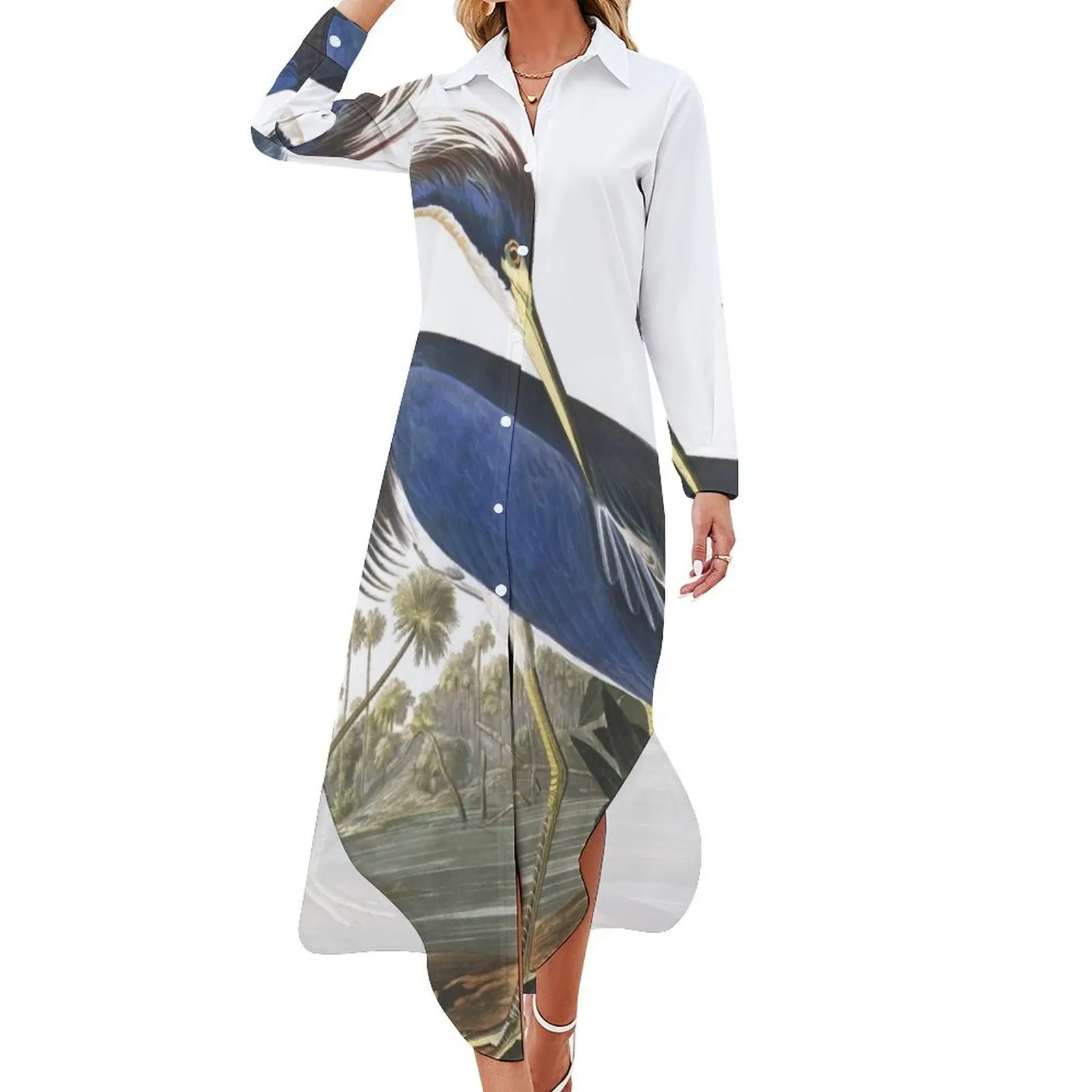 Tricolored Heron - John James Audubon Long Sleeved Shirt Dress dresses korean style Prom gown