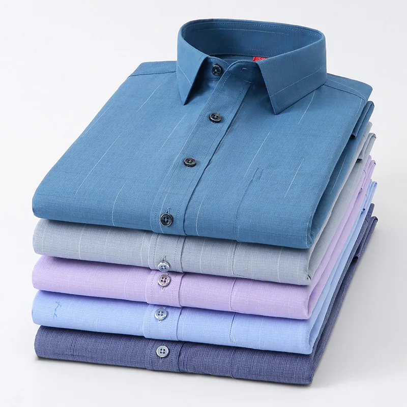 Vintage 64% Cotton Long Sleeve Shirts for Men Slim Fit Formal Plian Shirt Solid Color Fashion Korean Popular Red Clothes
