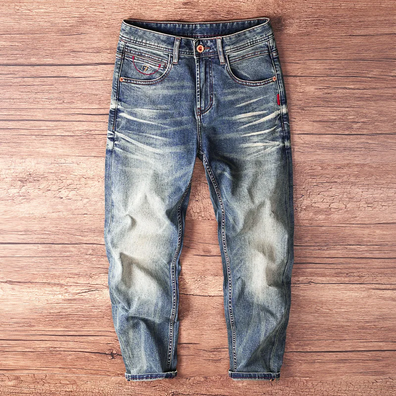 트렌디한 브랜드 고급 남성 데님 팬츠, 견고하고 멋스럽고, 향수와 트렌디함, 다재다능하고 슬림핏, 작은 다리 바지