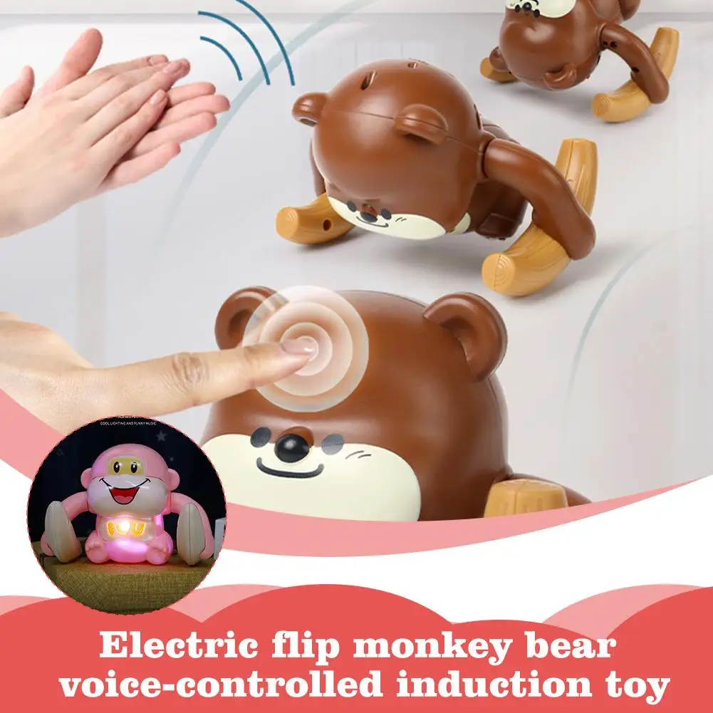 Electric tipping bucket monkey bear voice activated induction cartoon tumbling banana monkey toy for kids