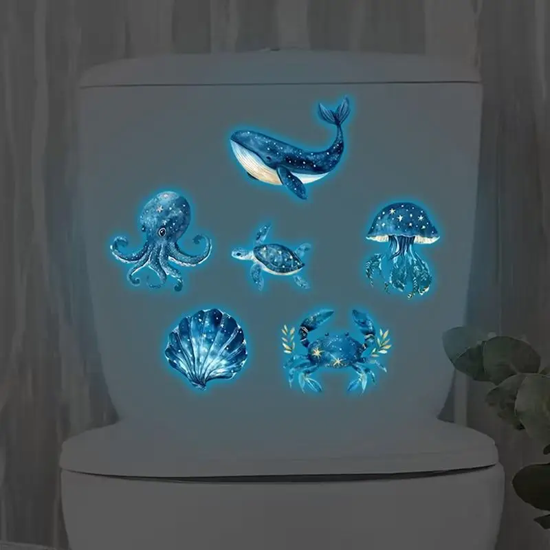 Glow in the Dark Marine Life Glass Stickers Luminous Toilet Wall Decals for Bathroom Home Decor Night Light Effect