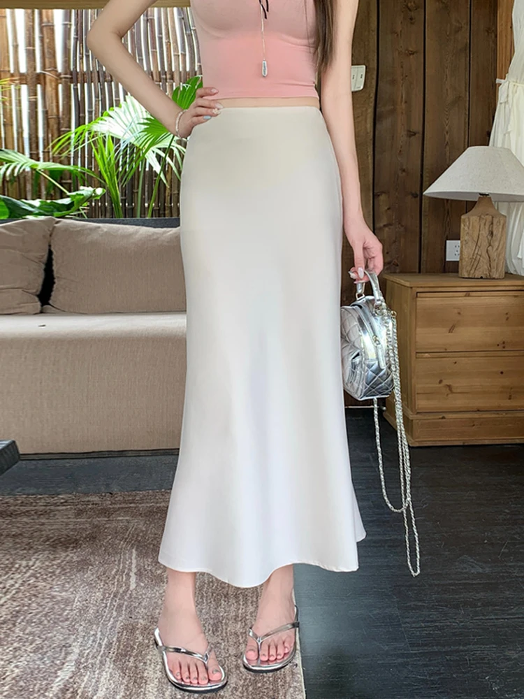 White Satin Drapey High Waist Women's Midi Skirt Slimming A-Line Fi Tail Skirt Commute Korean Sle Polyester Fiber