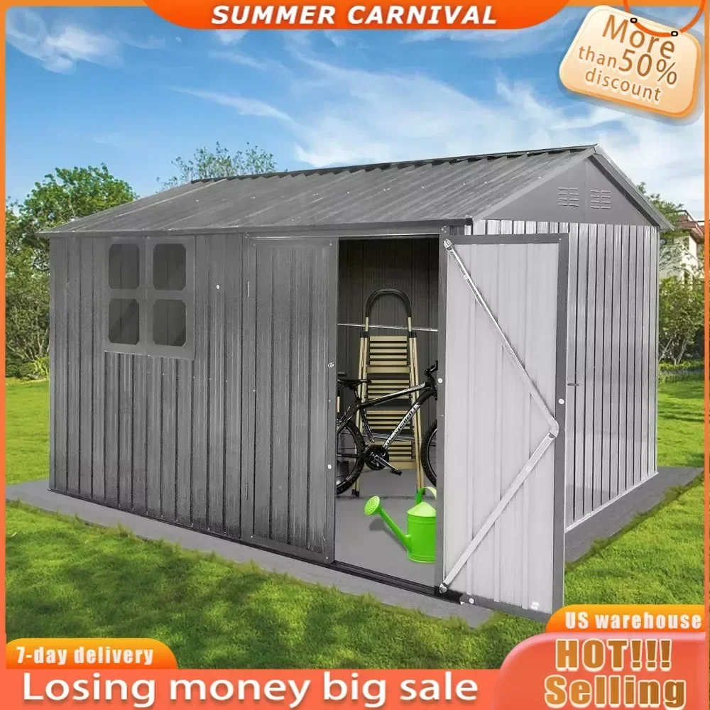 Outdoor Storage Shed 10 x 8FT with Window,Hinged Lockable Door,Padlock & Punched Vents Tool Sheds for Backyard Garden Patio Lawn