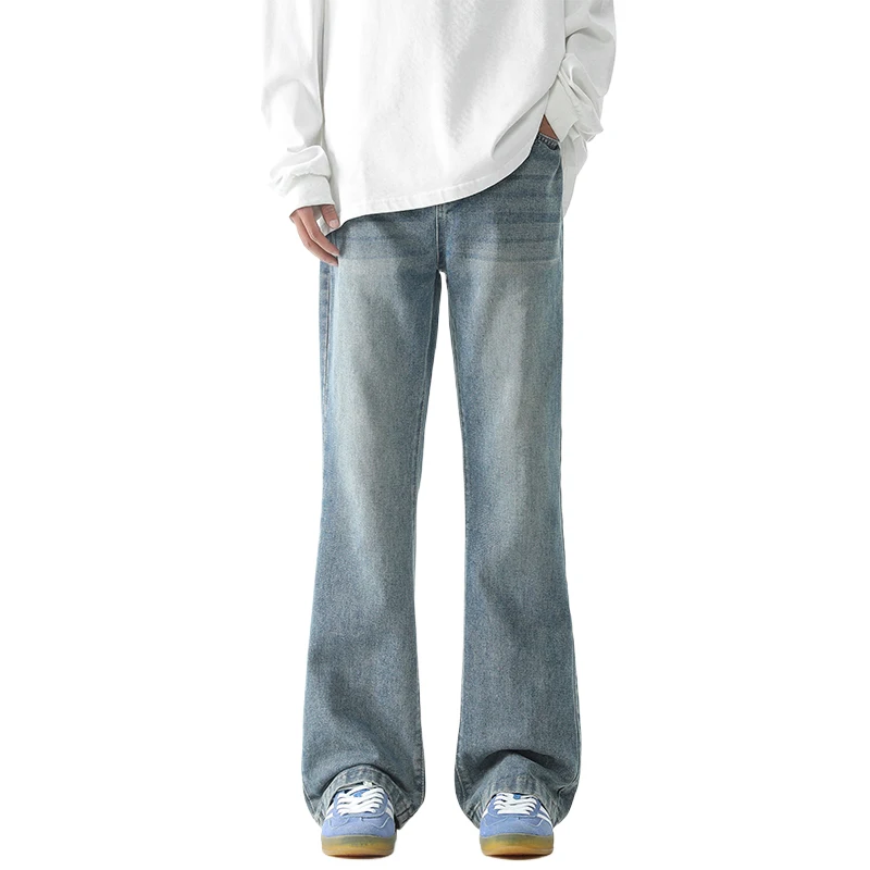 2025 Spring/Summer New Retro Washed Micro Horn Jeans for Men, Aged Loose Straight Tube High Street Fashion Brand, Wide Leg Micro