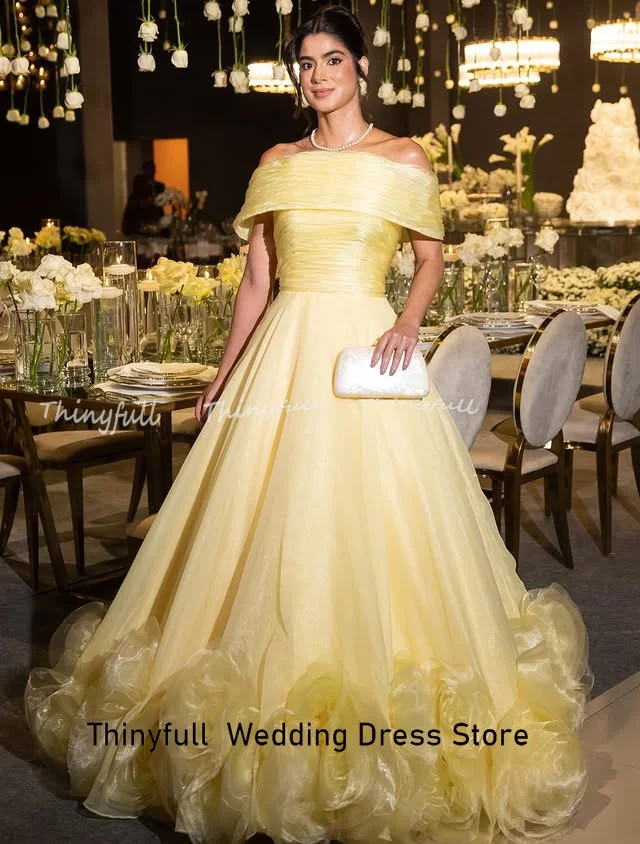 Thinyfull 3D Flower A-line Arab Prom Dresses Off Shoulder Organza Evening Gown Formal Occasion Dress robes de soirée Customized