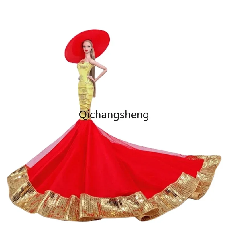 

1/6 Doll Clothes Golden Red Fishtail Wedding Dress For Barbie Clothes for Barbie Doll Accessories Princess Gown Hat Outfit 11.5"