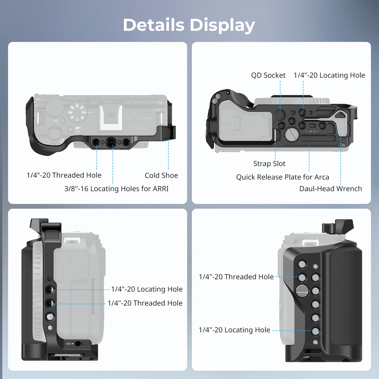 قفص صغير لكاميرات Canon EOS R50 V مع مقبض من السيليكون ولوحة تحرير سريعة من Arca-Swiss لحوامل ثلاثية لمثبتات DJI RS -5427