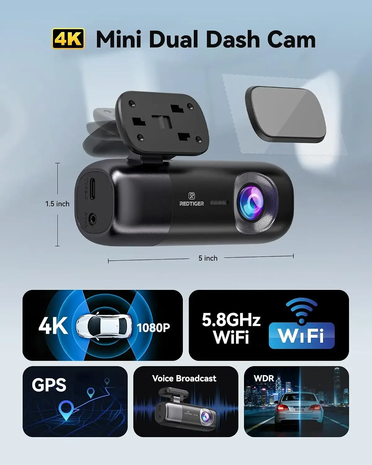 F9 4K Dash Cam Front and Rear 1080P, 5.8GHz WiFi & Smart App | 2160P/FHD Wireless Dashcam for Cars, Voice Prompt, Precise GPS, W