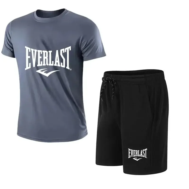 2025 Summer Mens EVERLAST T shirt Shorts 2pcs Set Leisure_Breath Short Sleeve Sport Jogging Oversized Gym Brand Printed Set