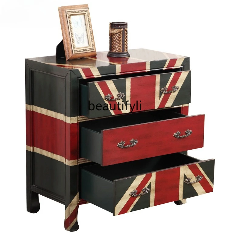 European side table, living room corner lamp table, three-bucket cabinet, British retro rice flag