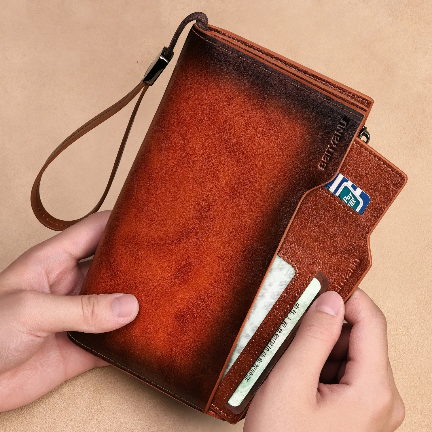 남성용 빈티지 정품 가죽 지갑, 대용량 RFID 차단 클러치 백, 신용카드 홀더 비즈니스 지갑