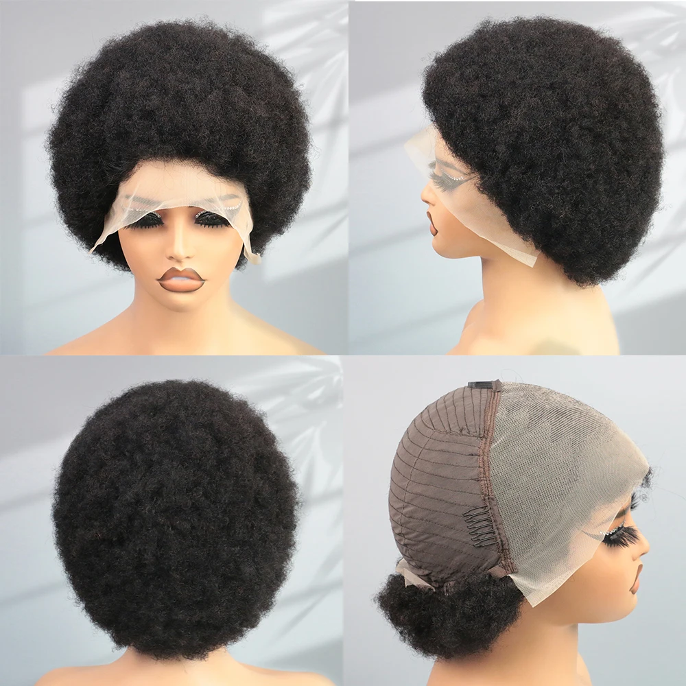 Perruque Bob Lace Front Wig brésilienne Remy naturelle, cheveux crépus bouclés, afro, 13 age, densité 200, naissance de cheveux naturelle