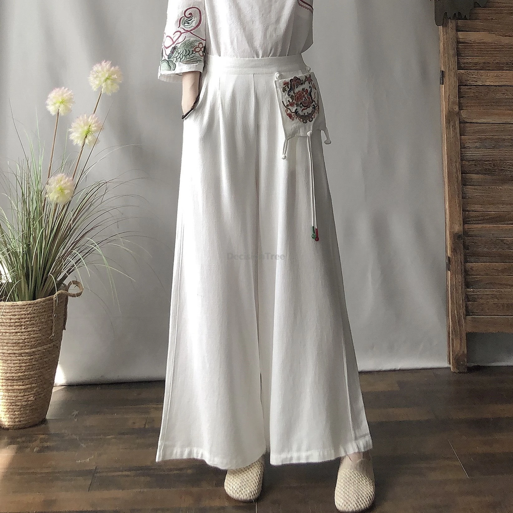 2025 النمط الصيني العرقي خمر القطن الكتان السراويل لذيذ مطرزة مرونة عالية الخصر السراويل لون نقي بناطيل كاجوال #4