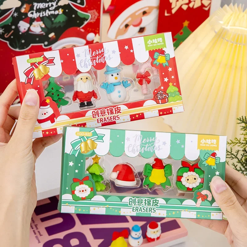 4Pcs/Box Christmas Santa Pine Tree Boxed Eraser Set Xmas School Kids Gifts Kawaii Carton Pencil Rubber Writing Correct Supplies