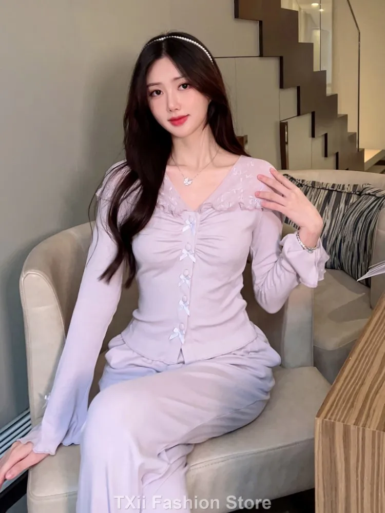 TXii Palace-style French sweet lace pajamas set for women, long-sleeved home wear for autumn 2023.Spring and Autumn