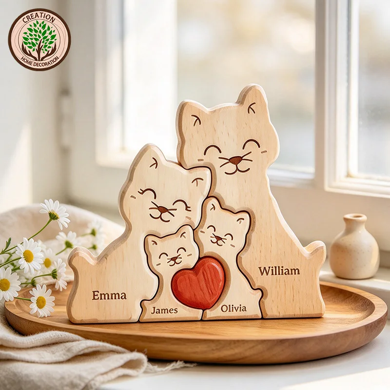 Wooden Cat Art Puzzle Warm Family Handmade Laser Engraving Gifts for Mom Anniversary Thanksgiving Christmas Crafts Ornaments