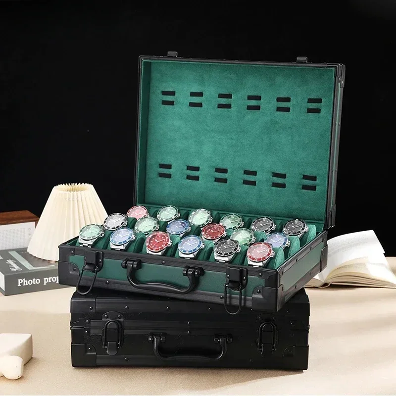 Webcast Ins Brand Logo Customization Luxury Watch Storage Case Box Display Watch Aluminum Alloy Case Leather Suitcase 24+6 Slots