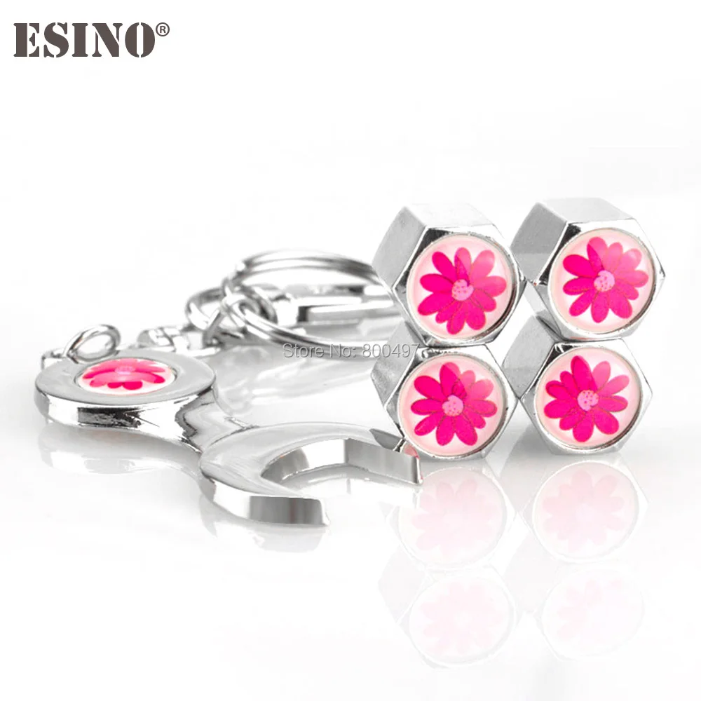 

4 x Car Styling Stainless Steel Zinc Alloy Wheel Tire Valve Stems Caps Flower Universal Fit With Mini Wrench Key Chain