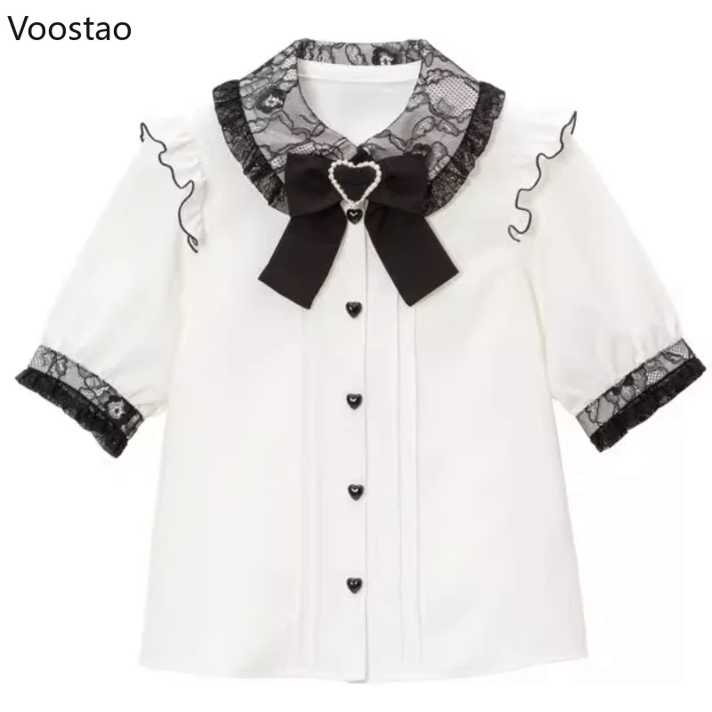 Sweet Lolita Lace Patchwork Short Sleeve Blouse Women Japanese Y2k Clothes Harajuku JK Bow Ruffles Shirt Girl Kawaii Blusas Tops