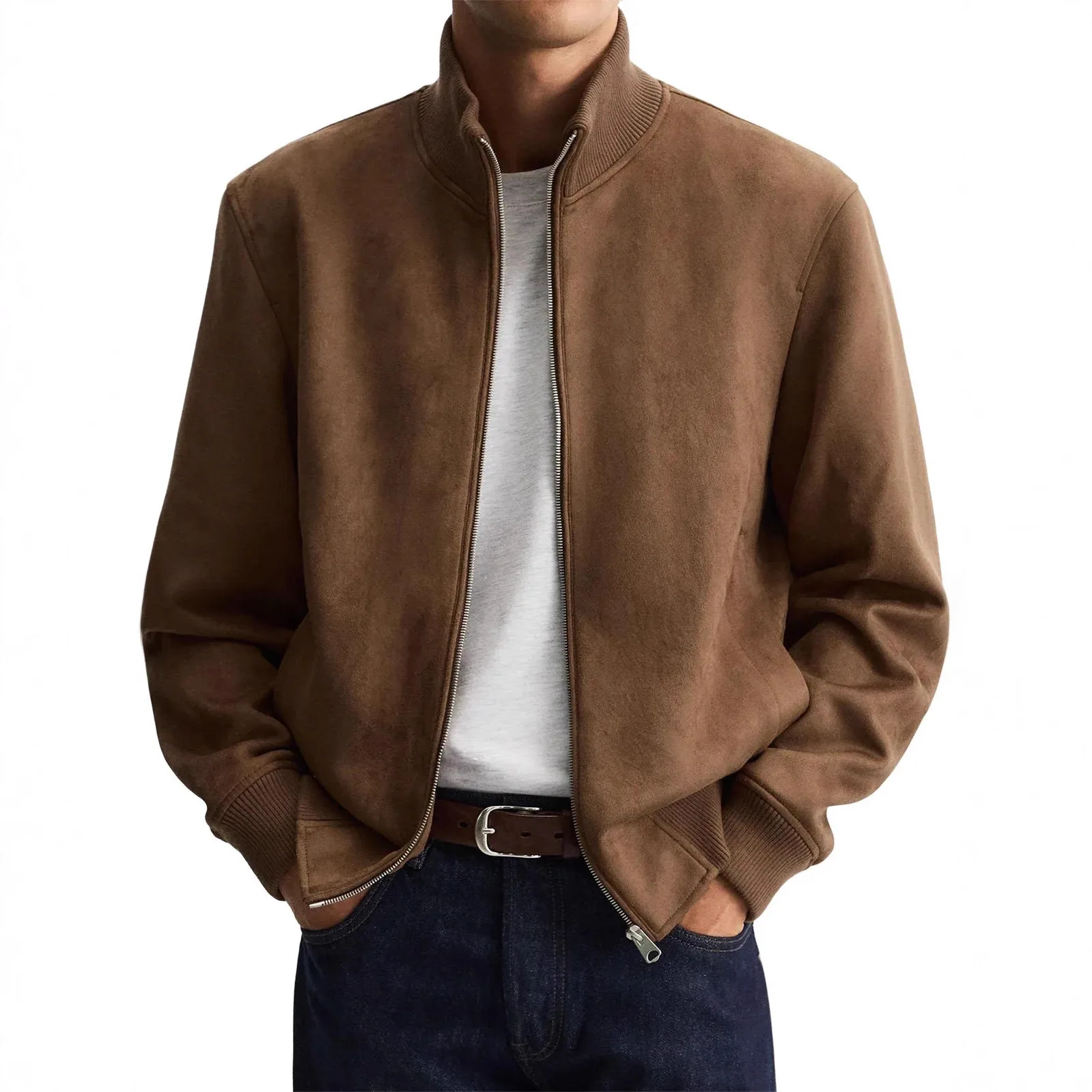 2026 new autumn and winter standing collar zipper jacket men's simple solid color high-end casual long sleeved jacket