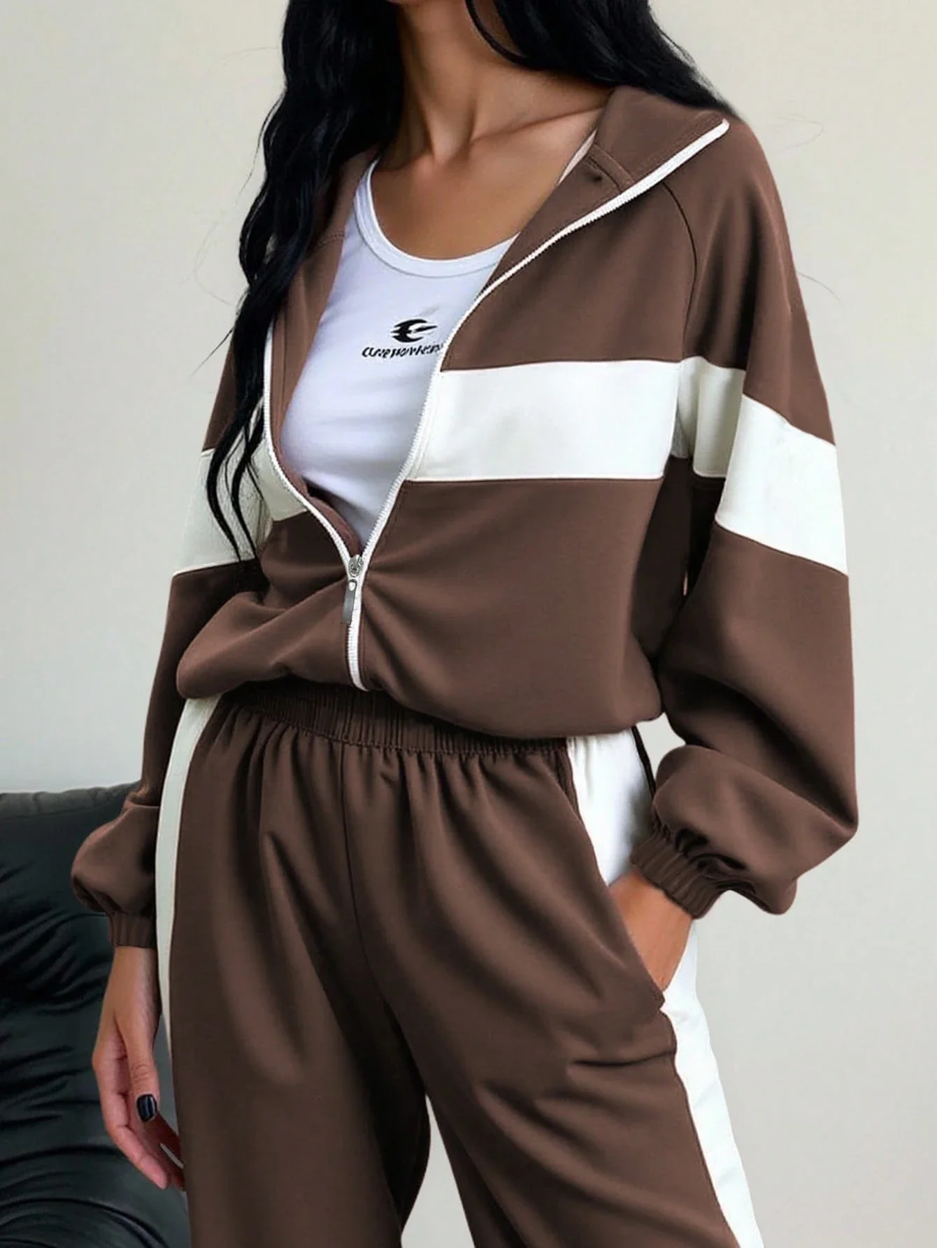 

2-Piece Color Block Zip-Up Hoodie Set Women Loose Fit Sporty Casual Tracksuit