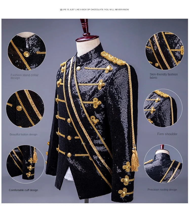 Male Black Sequins European Courtly Style Menswear Costume Military Performance Dress Muslim Sets  Men's Suit