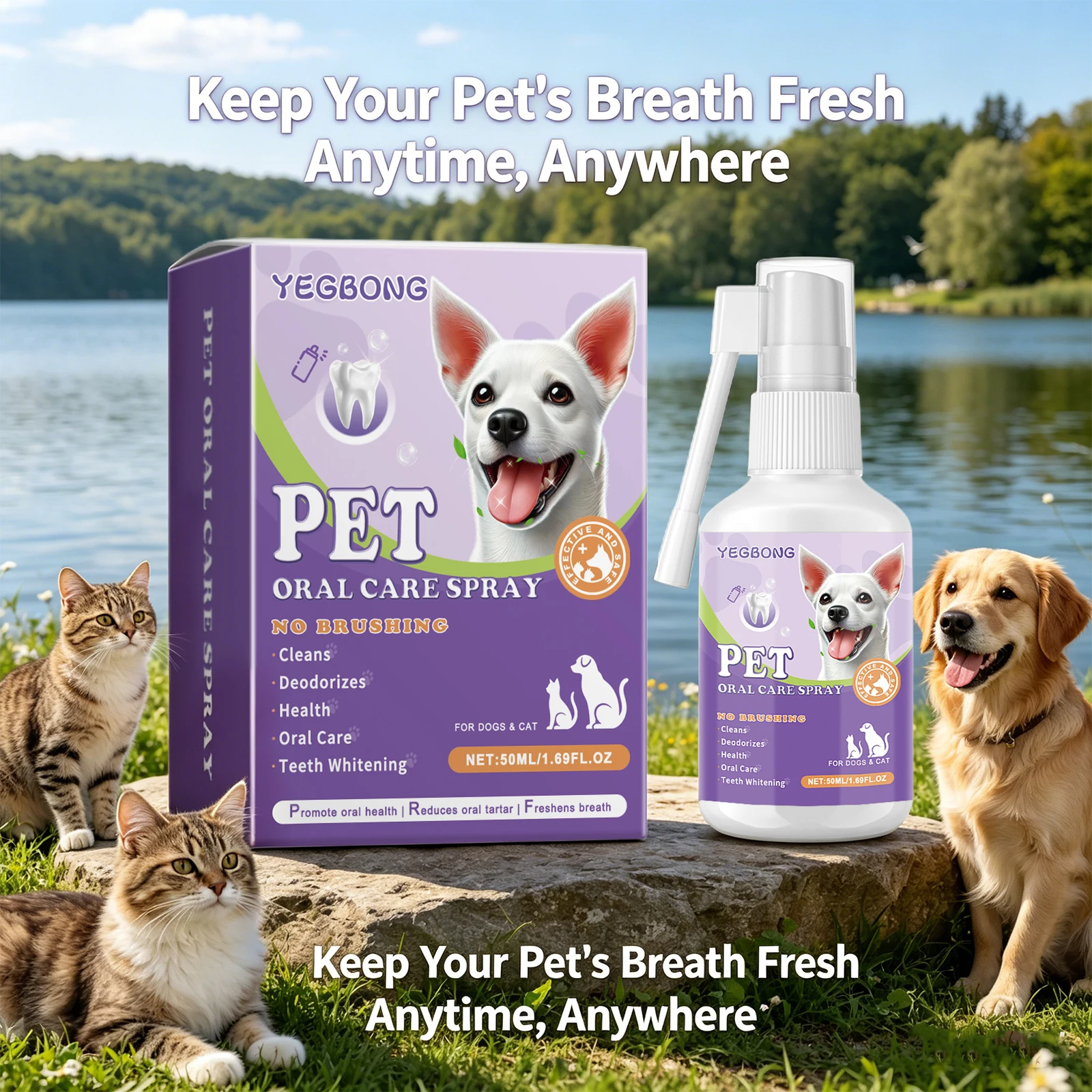 YEGBONG Spray Bucal para Mascotas 50ml para Perros y Gatos, Tratamiento para el Mal Aliento, Limpieza Dental, Desodorante, Spray de Cuidado Dental, Refrescante Bucal para Mascotas