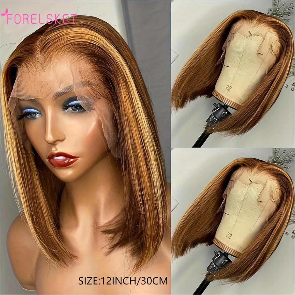 Highlight Bob Wig Colored Human Hair Wigs Brazilian Straight Lace Front Wig For Women Honey Blonde P4/27 Bob Lace Closure Wig