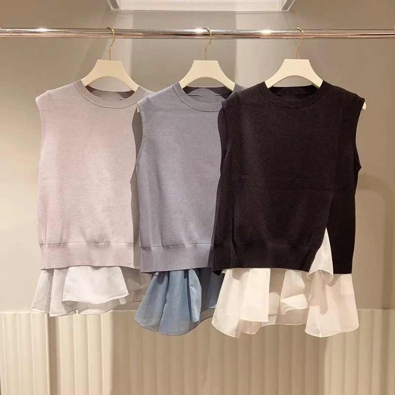 

Japanese Contrast Spliced Ruffles Sweater O-neck Sleeveless Womens Clothing Elegant Pullover Tops 2024 New Women Knitwears