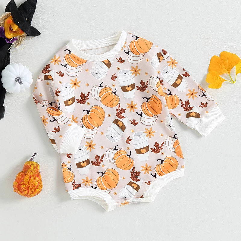 Adorable Halloween Baby Girls Outfit with Pumpkin Print and Long Sleeve Cute Romper for Newborn Infant Toddler Casual