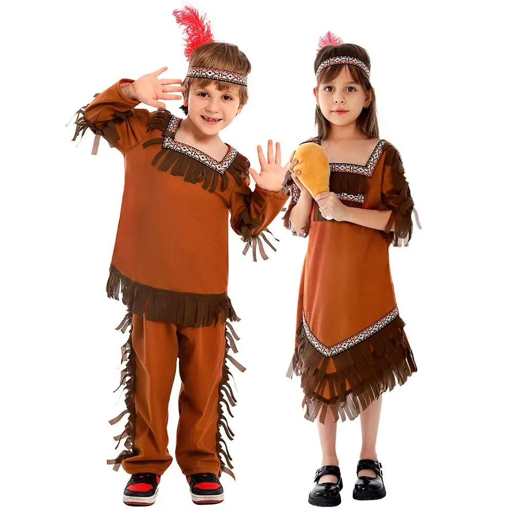 Umorden Kids Native Indian Princess Huntress Costume for Girls Child Indian Prince Hunter Costumes for Boys Halloween Dress Up