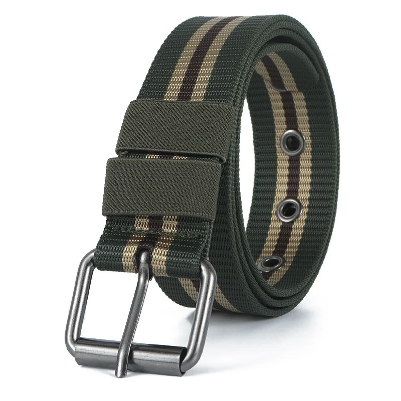 New Men Light Duty Striped Canvas Belt Polished Metal Pin Buckle Stitched Leather Edge Multi Hole Design Fashion Decor Strap