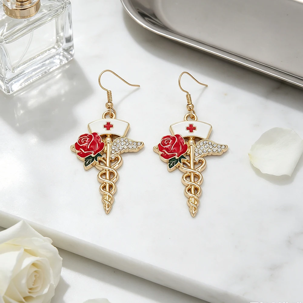 Medical-Themed Rose Double Snake Staff Earrings, Nurse Cap Angel Wings Enamel Pendant Earrings, Nurse Commemorative Gift