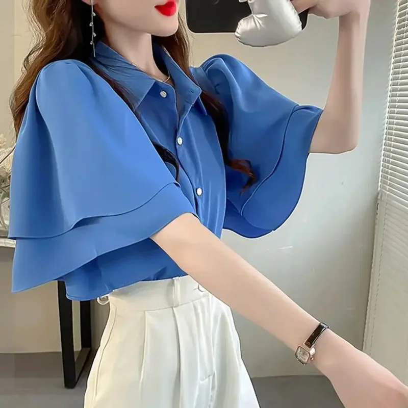 

French Lady's Summer Shirt Women's New Loose Blouse Women Solid Color Ruffle Short Shirt Sleeve Chiffon Top Female
