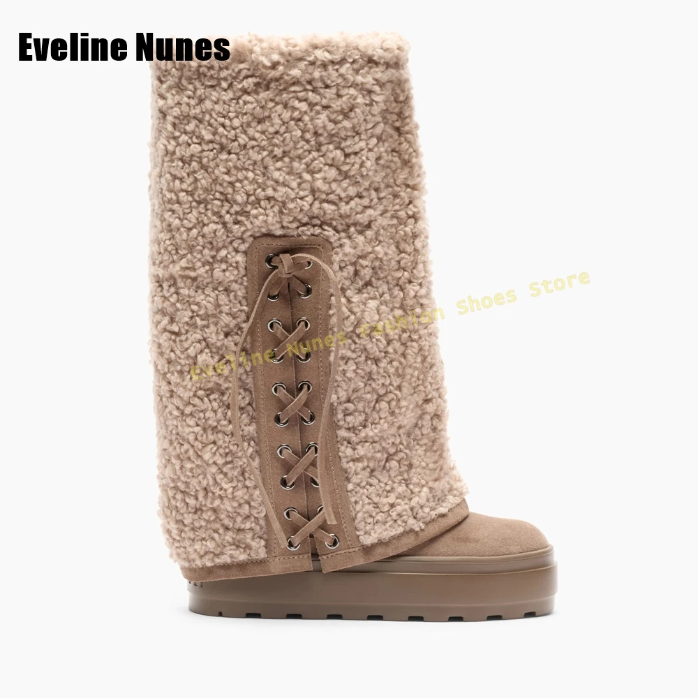 عبر تعادل الفراء كم الأحذية جولة تو حذاء بكعب سميك منصة سحب على المرقعة النساء الشتاء حذاء برقبة للركبة الثلوج موضة أحدث #2