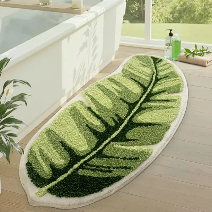 

Cute Bathroom Rugs with Green Leaf Plant, Soft, Fluffy, Plush, Absorbent, Quick Dry, Non Slip, Machine Washable for Shower Floo