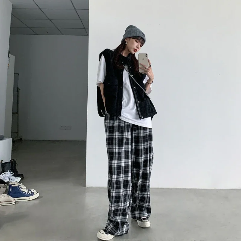 

Y2K Black and White Plaid Pants Women Summer Casual Baggy Wide Leg Trousers Korean Fashion Loose Straight Streetwear Pants New