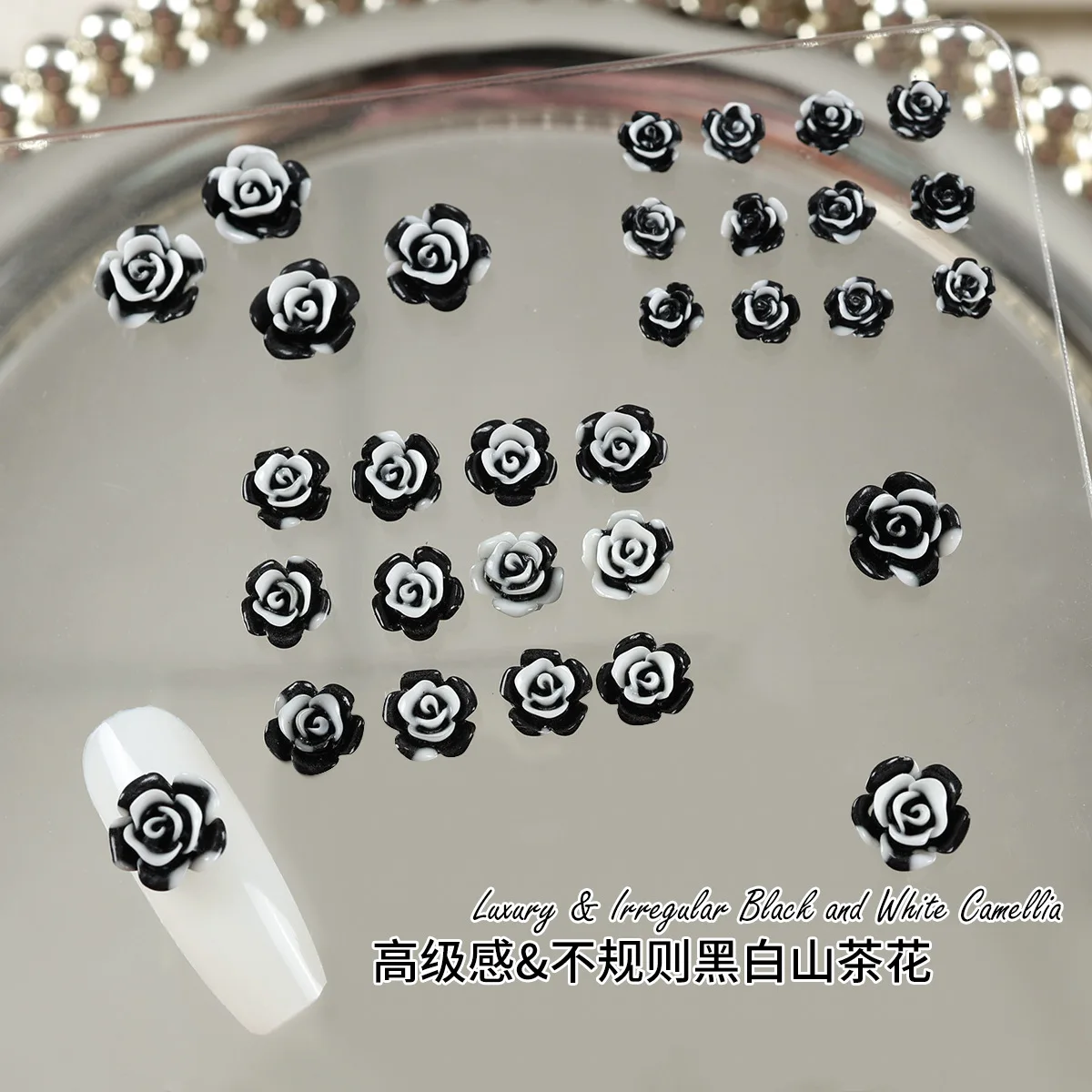 50 قطعة أبيض وأسود التمويه ثلاثية الأبعاد زهرة الأكريليك مسمار الفن السحر اكسسوارات ل الأظافر الديكور مانيكير ديكور لوازم أداة