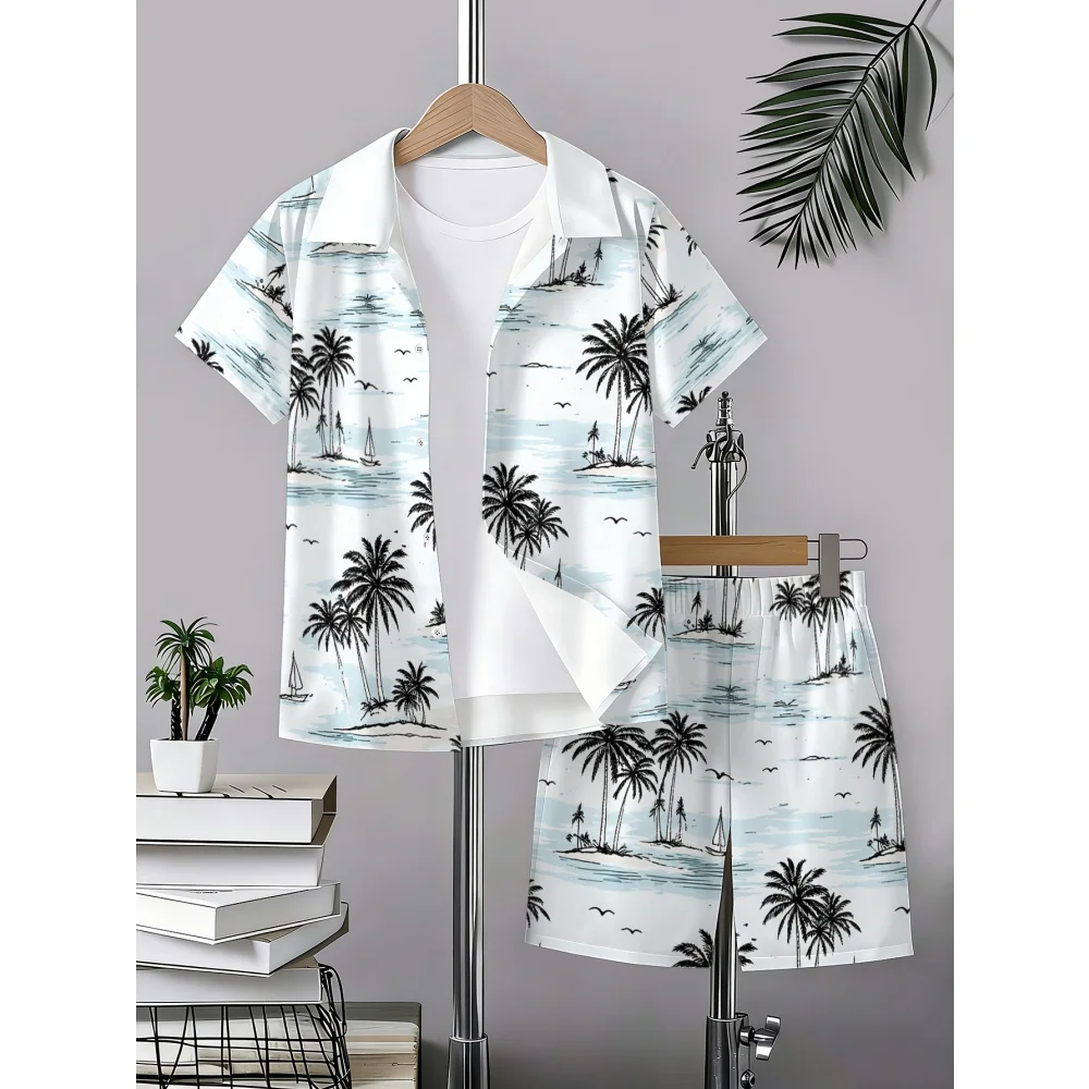 Chemise Hawaïenne à Motif Cocotiers, Ensemble Décontracté à Manches Courtes, Chemises de Vacances à Manches Courtes, Ensemble 2 Pièces pour l'Extérieur