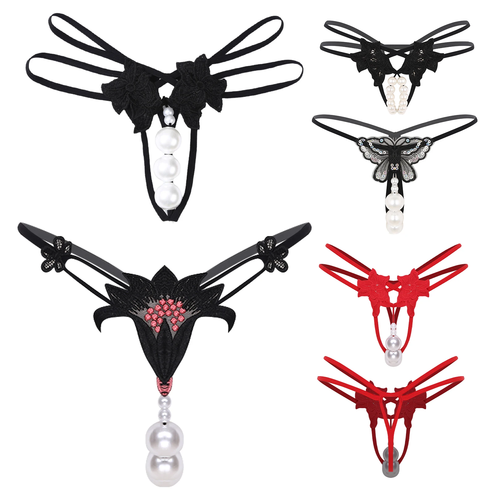 

Womens Faux Pearls Band Thongs Spaghetti Waistband Open Crotch T-back G-strings Underwear Strappy Low Rise Panties Underwear