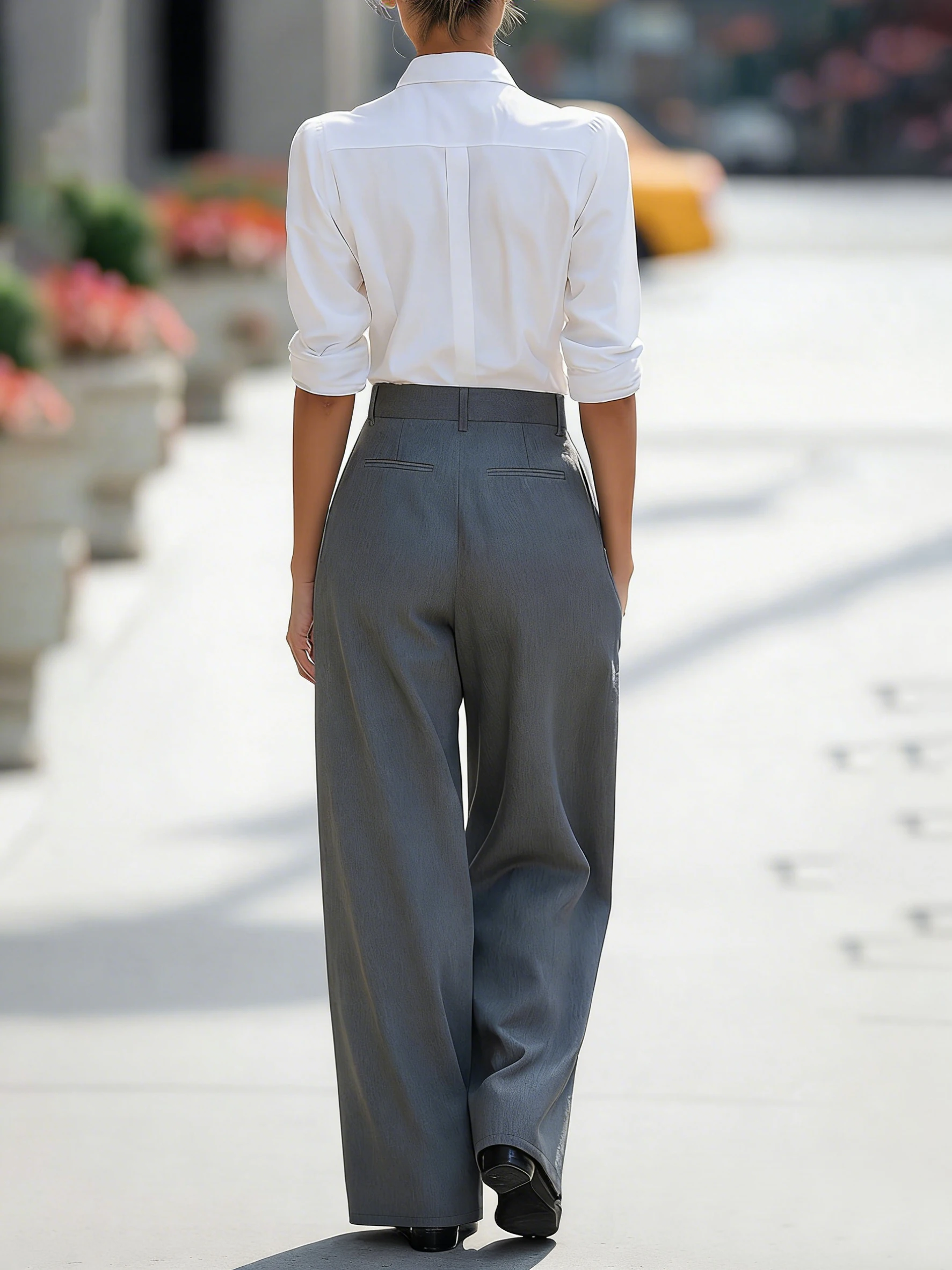 Damen High-Waist-Hose mit weitem Bein, elegante, lässige Bürohose mit Falten und Taschen – Detail 3