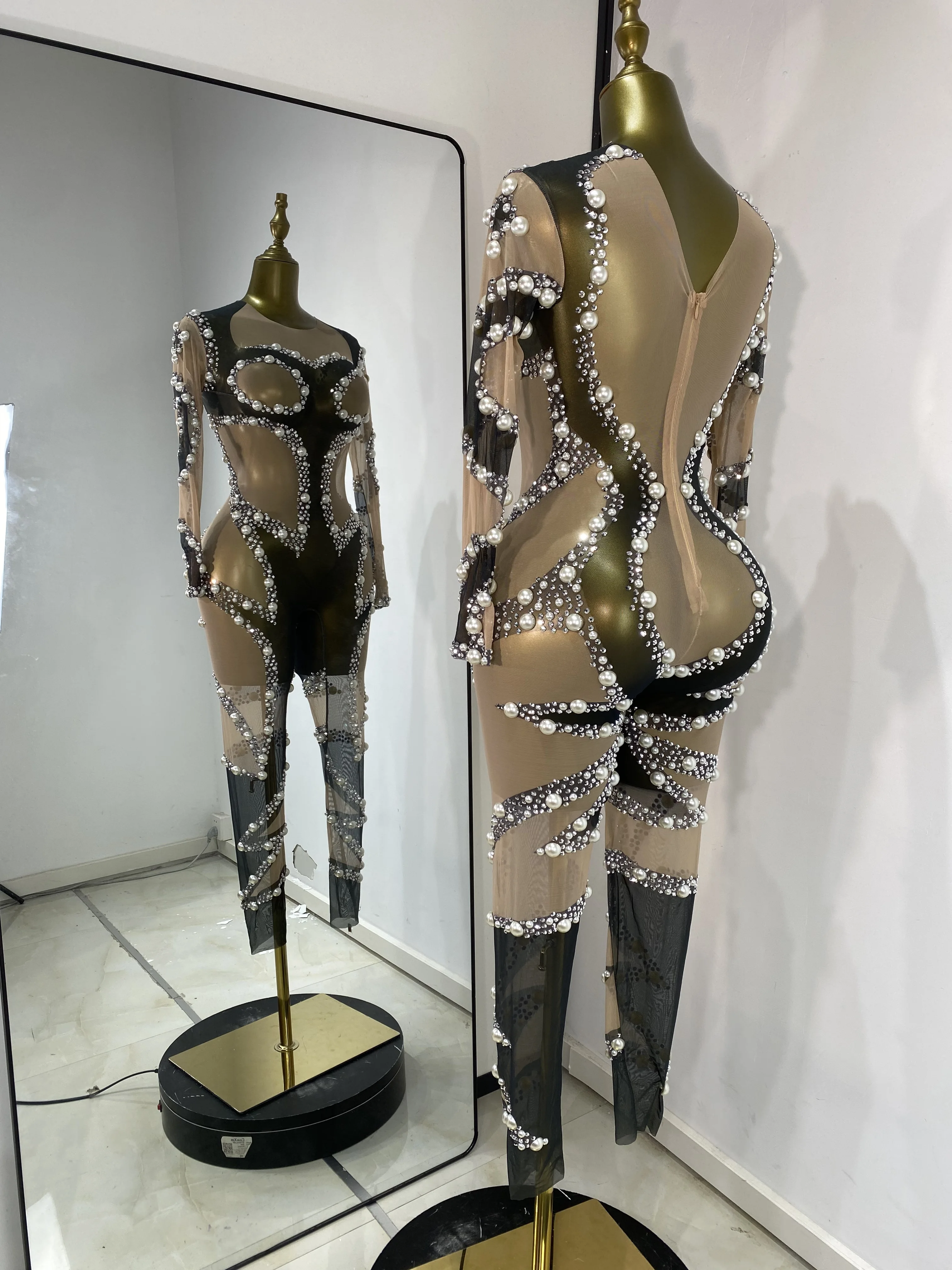 

Special Occassion Jumpsuit Dress Women Long Sleeve Pearls Rhinestones Printed Bodysuits Cosplay Evening Party Stage Costumes