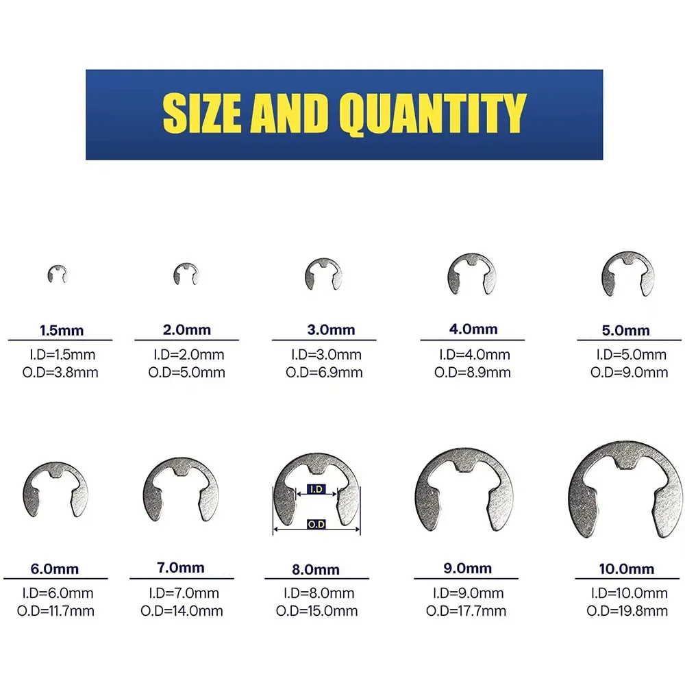 120/200/380pcs E Clips Assortment Kit External Retaining Rings Set ,10 Sizes (M1.5-M10) 304 Stainless Steel Snap Rings Kit