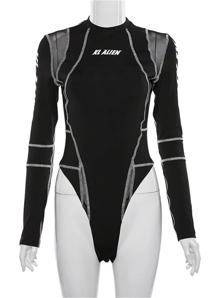 بدلة نسائية غريبة بطباعة حروف Puss ، مرقعة مثيرة ، أكمام طويلة ، رقبة دائرية ، نحيف ، ملابس الشارع البرية ، قمم اللياقة البدنية ، اتجاه الخريف ،