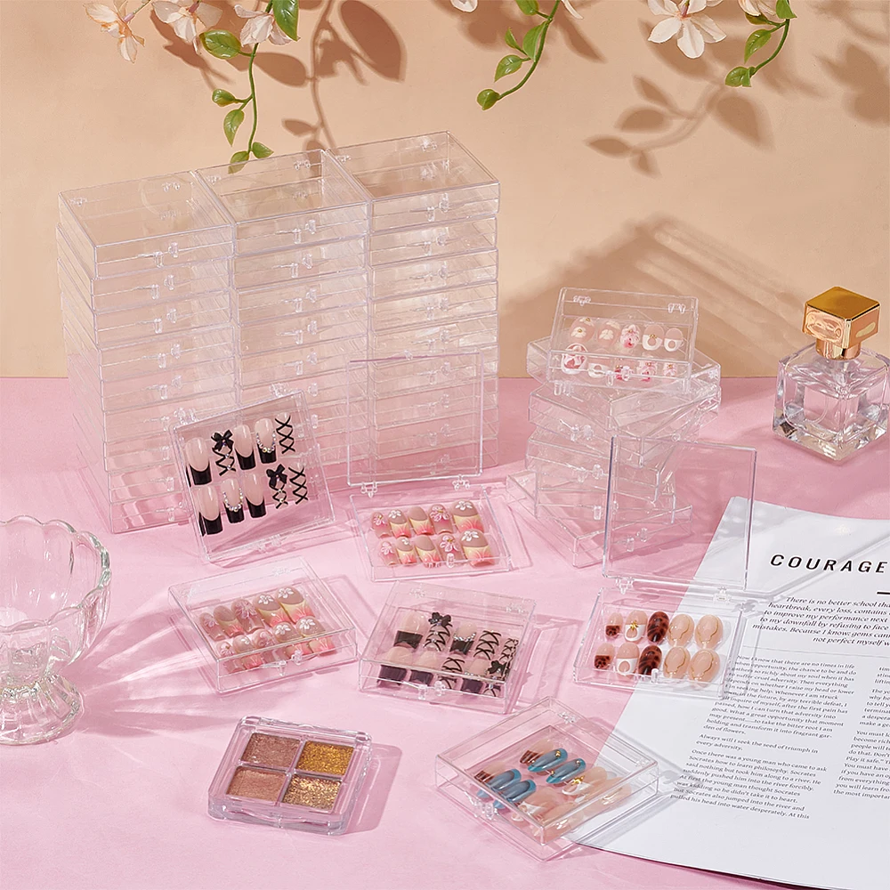 40Pcs Press On Nail Packaging Storage Box Square Acrylic Storage Boxes with 4 Sheets Double Sided Adhesive Glue Sticky Tape