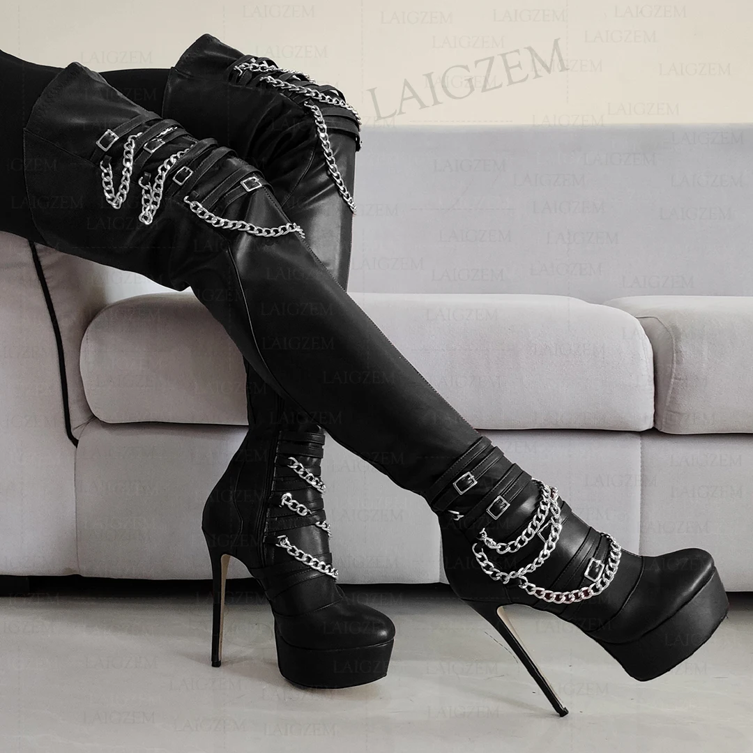 LAIGZEM Women Thigh High Platform Boots Metal Chains Thin High Heels Boots Over Knee Side Zip Shoes Woman Plus Size 42 45 50 52